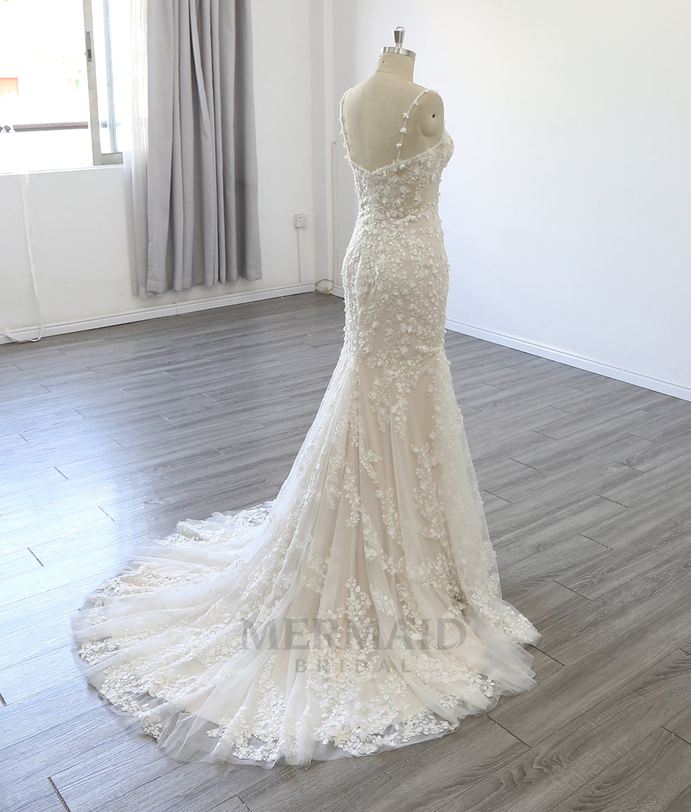 Spaghetti Straps Boat Neck Court Train 3D Flowers Mermaid Wedding Dress