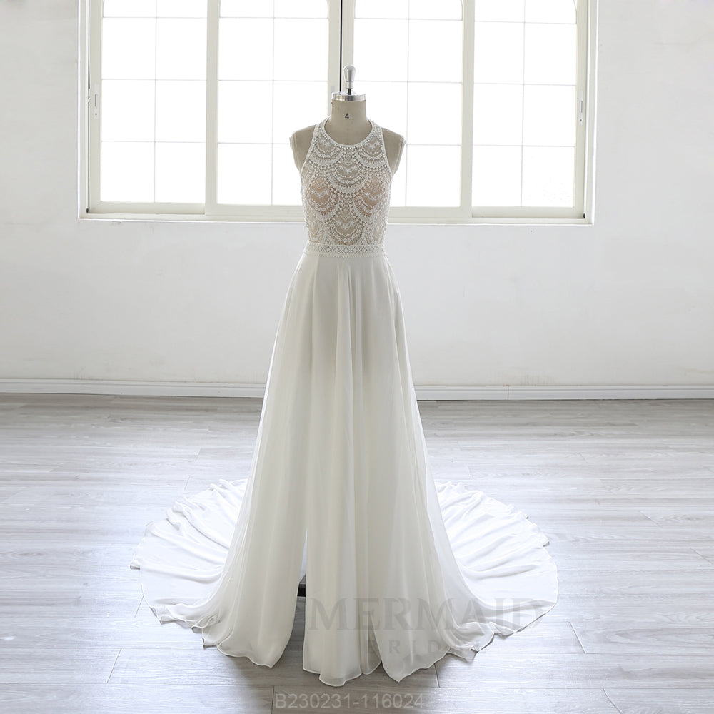 New Halter Neck Court Train Chiffon Bohemian Beach Outdoor Slit Boho Wedding Dress Ivory / 16