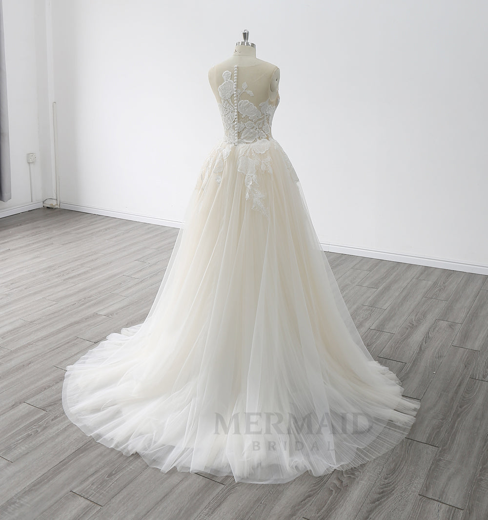 Illusion Scoop Neck Sweep Train Pleated Tulle A Line Wedding Dress