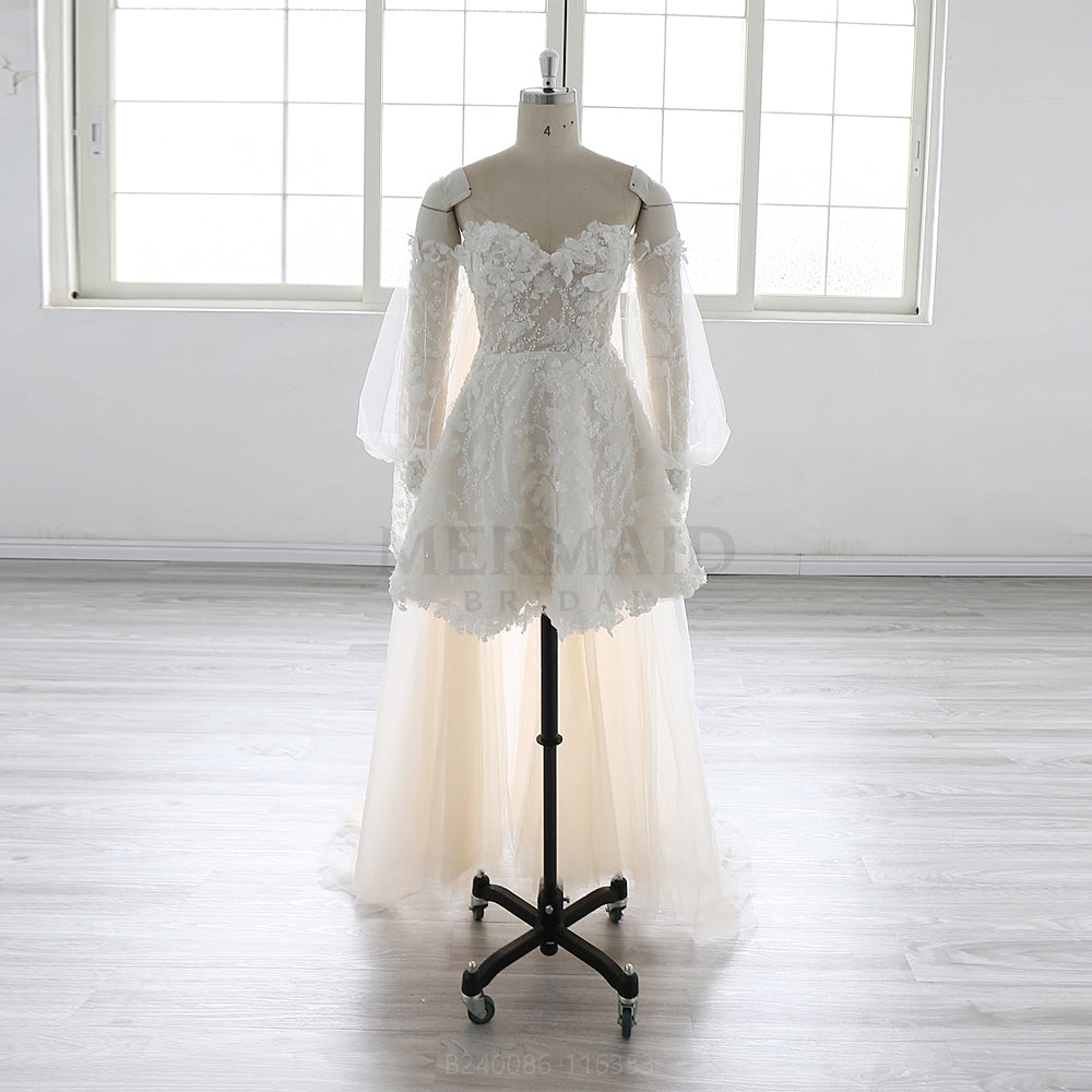 New Detachable Long Sleeves Knee Length Beaded Short Wedding Dress As The Picture / 10