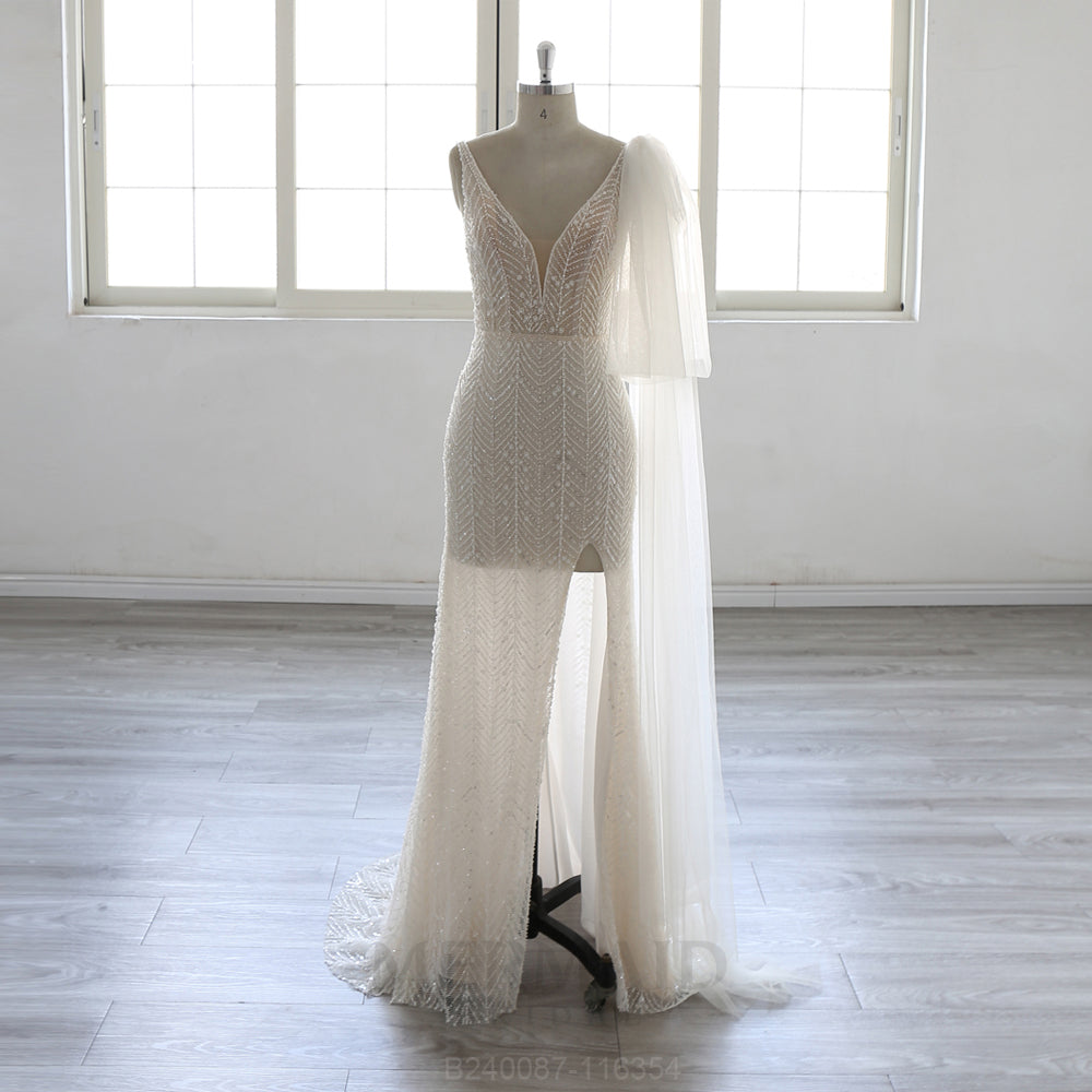 mermaid wedding dresses 2025 New V Neck Sweep train Heavy Beaded Slit Dress – Mermaid Bridal creating a sweeping train Maroon Handspun Cotton A-Line Size:12 US (44 EU) Office look