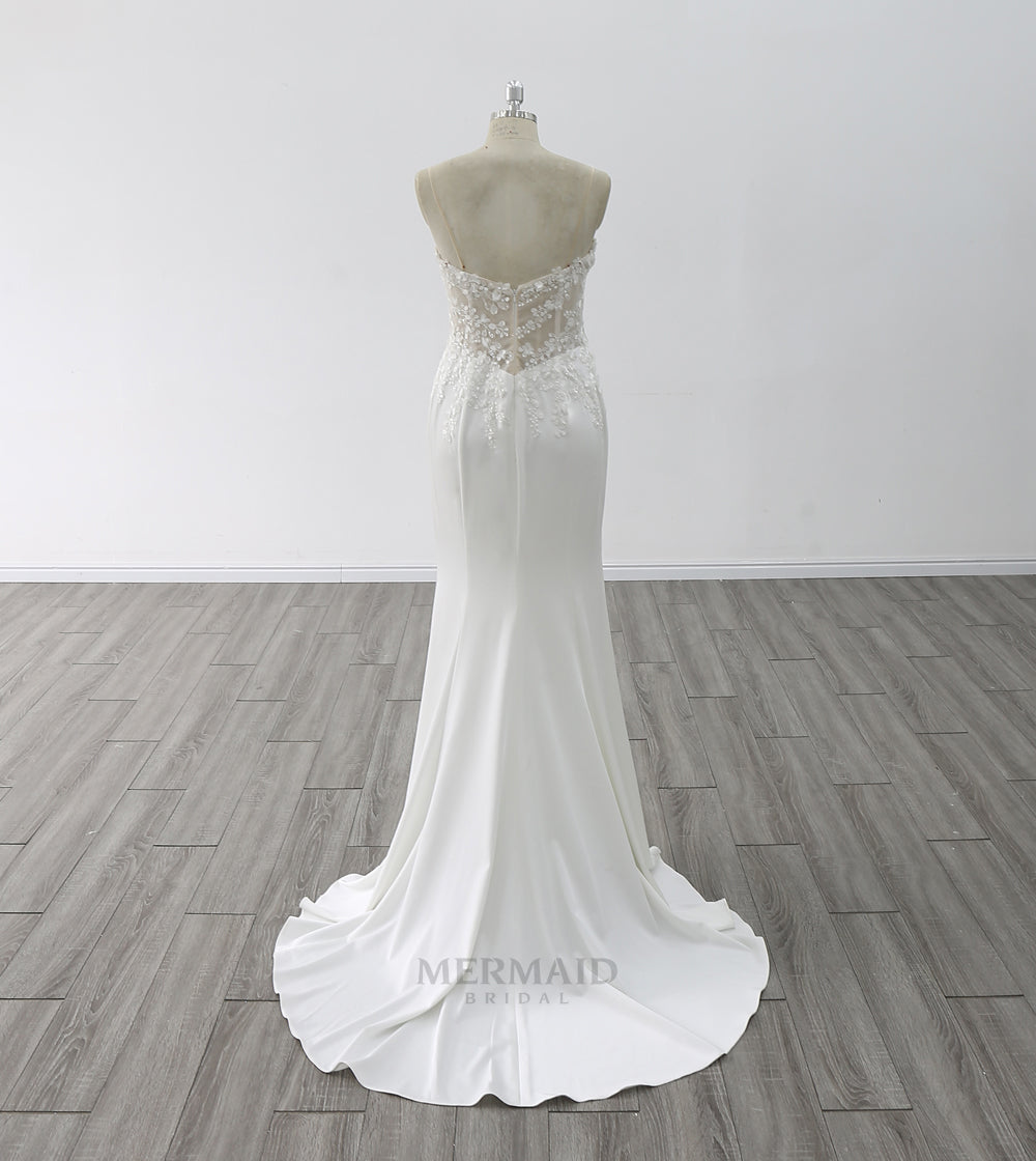 Scoop Neck Sweep Train Lace Wedding Gown Crepe Mermaid Wedding Dress