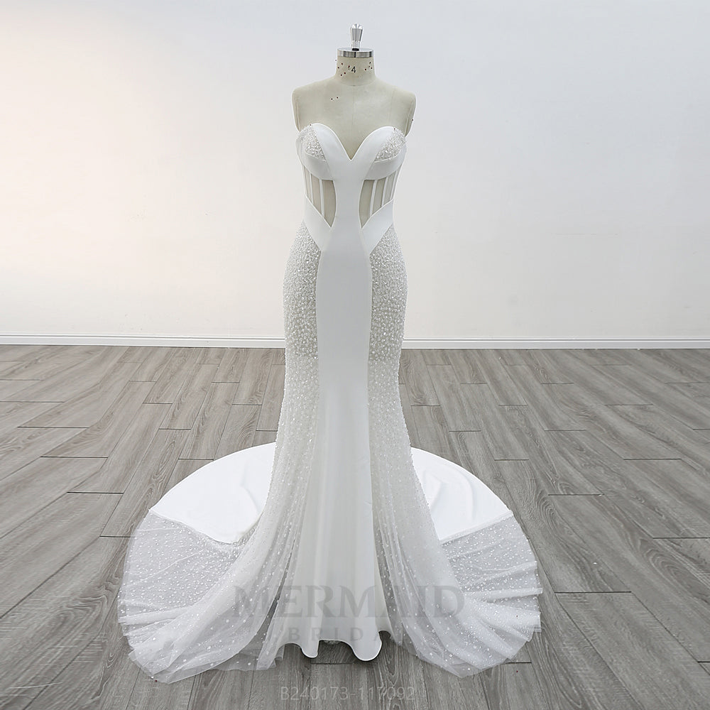 mermaid wedding dresses 2025 Sexy Sweetheart Neck Court Train Beaded Dress Ivory / 16 Size:2x 14/16 = _inches.5 Royal Blue Satin Strapless Wedding Dresses Weekly