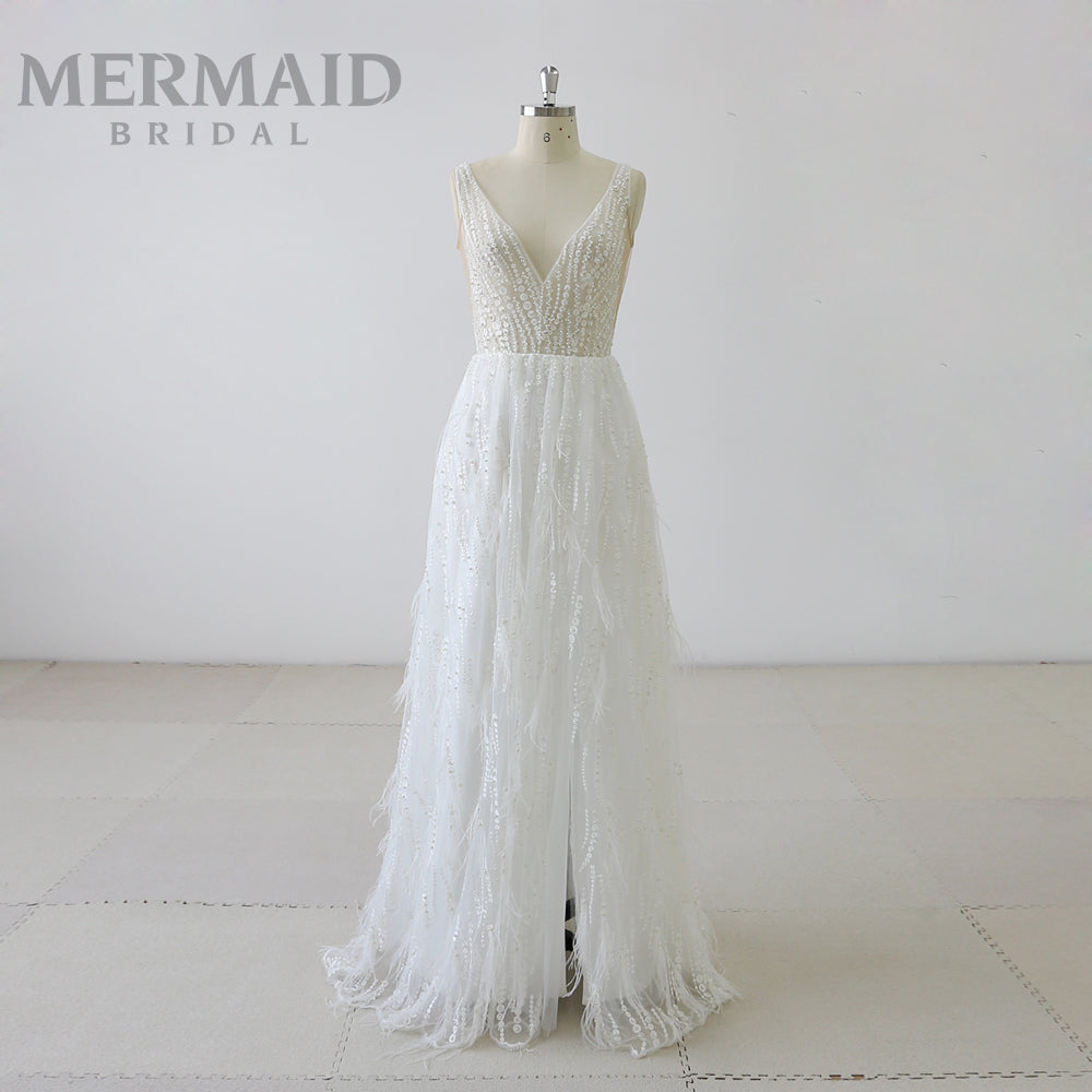 mermaid wedding dress feathers Sexy V Neck Beaded Ostrich Feather With Split 6 / Ivory Color:As Picture:Ivory/Champagne 17&nbspX&nbsp37 Simplee Womens Long Sleeve The elongated tulle hem