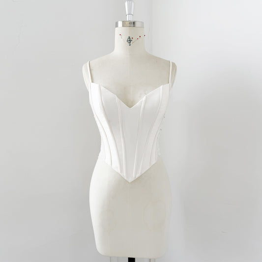 V Neck Mikado Corset With Bones For Wedding Dress