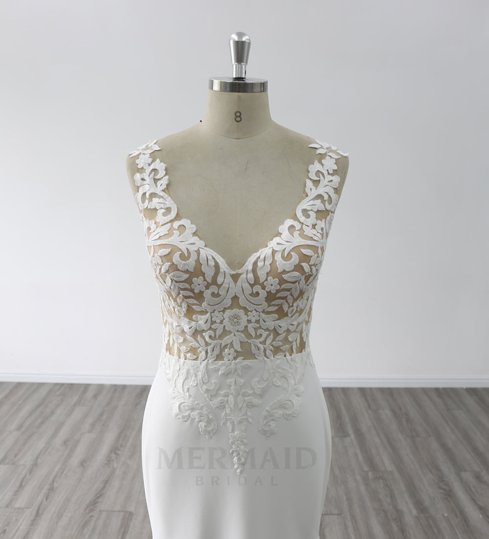 New V Back  Sweep Train Bridal Gown Korean Crepe Mermaid Wedding Dress