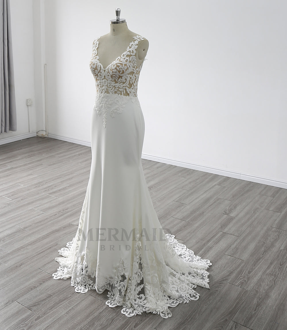 New V Back  Sweep Train Bridal Gown Korean Crepe Mermaid Wedding Dress
