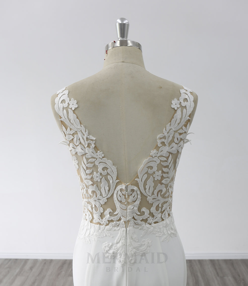 New V Back  Sweep Train Bridal Gown Korean Crepe Mermaid Wedding Dress