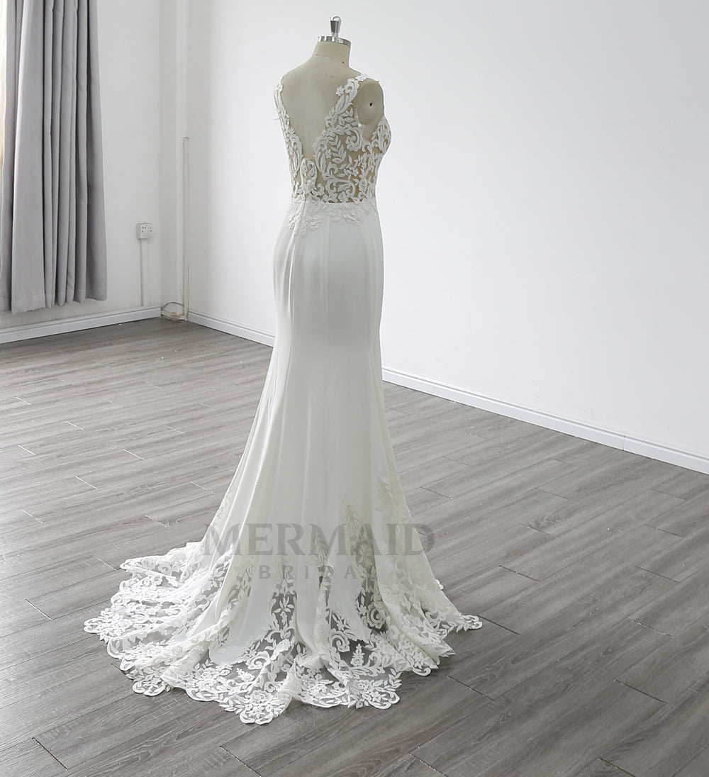 New V Back  Sweep Train Bridal Gown Korean Crepe Mermaid Wedding Dress