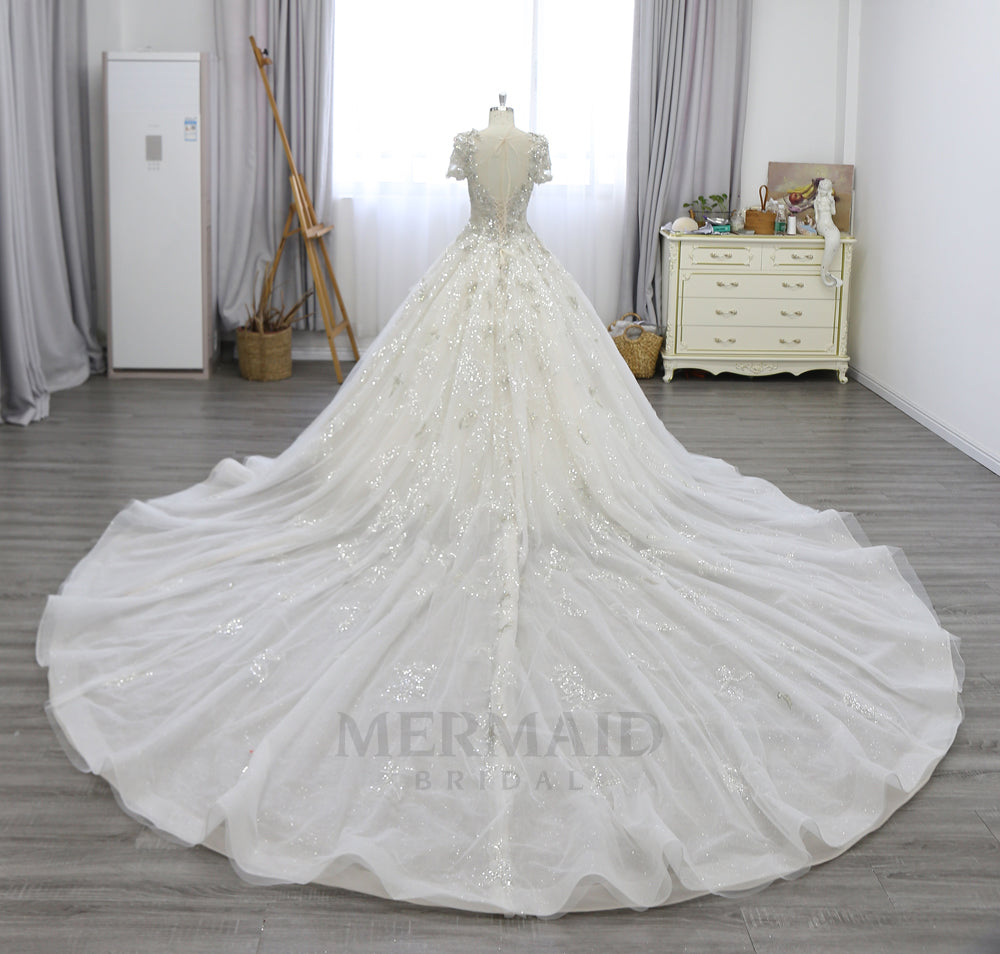 Short  Sleeves Heavy Beaded Royal Train Ball Gown Wedding Dress