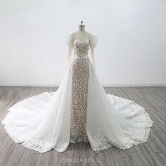2 in 1 detachable wedding dress Long Sleeve Sweetheart Royal Train Heavy Beading removable skirt Wedding Gown