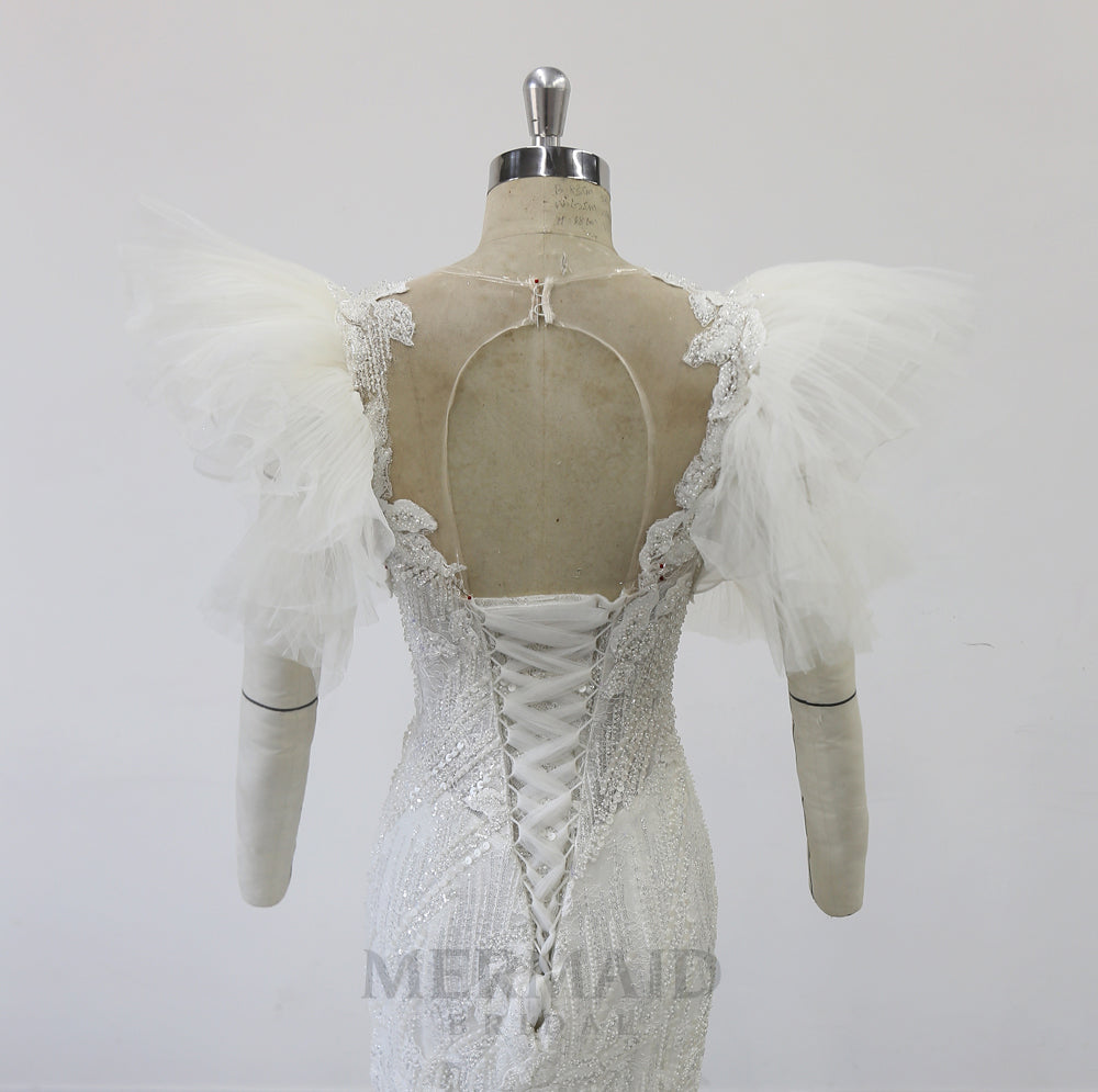 Mermaid Trend Wedding Dress  Puff Sleeve Beading Wedding Gowns V Neck Court Train Best Selling Bridal Dresses