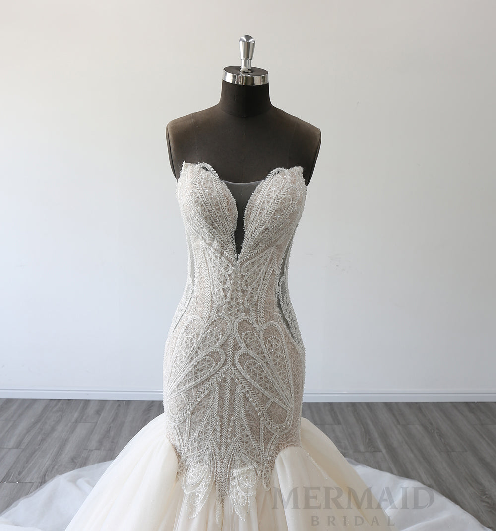 Luxury Sweetheart Court Train Beaded Lace Wedding Dress Mermaid