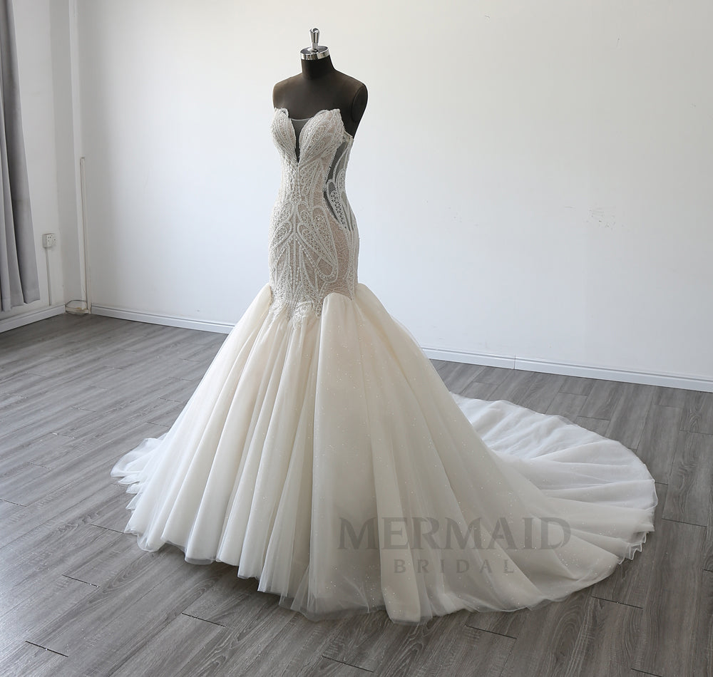 Luxury Sweetheart Court Train Beaded Lace Wedding Dress Mermaid