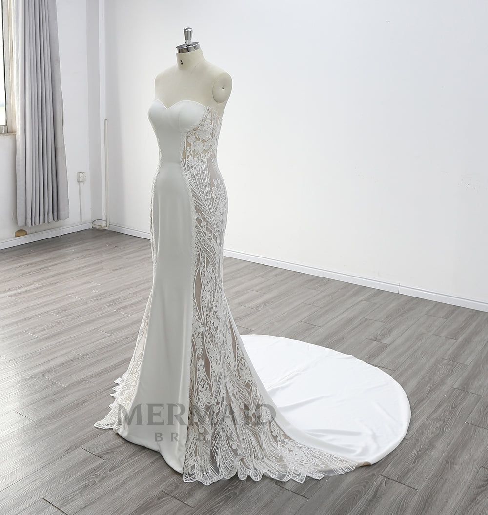 Backless Wedding Gown Floor Length Sweetheart Neck Court Train  Lace Mermaid Wedding Dress 2023
