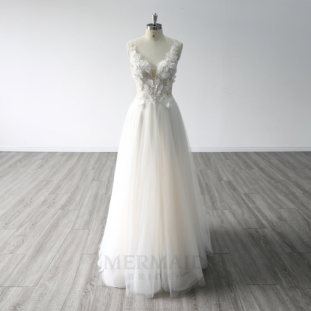 A Line V Neck Floor Length 3D Lace Boho Wedding Dresses 2023