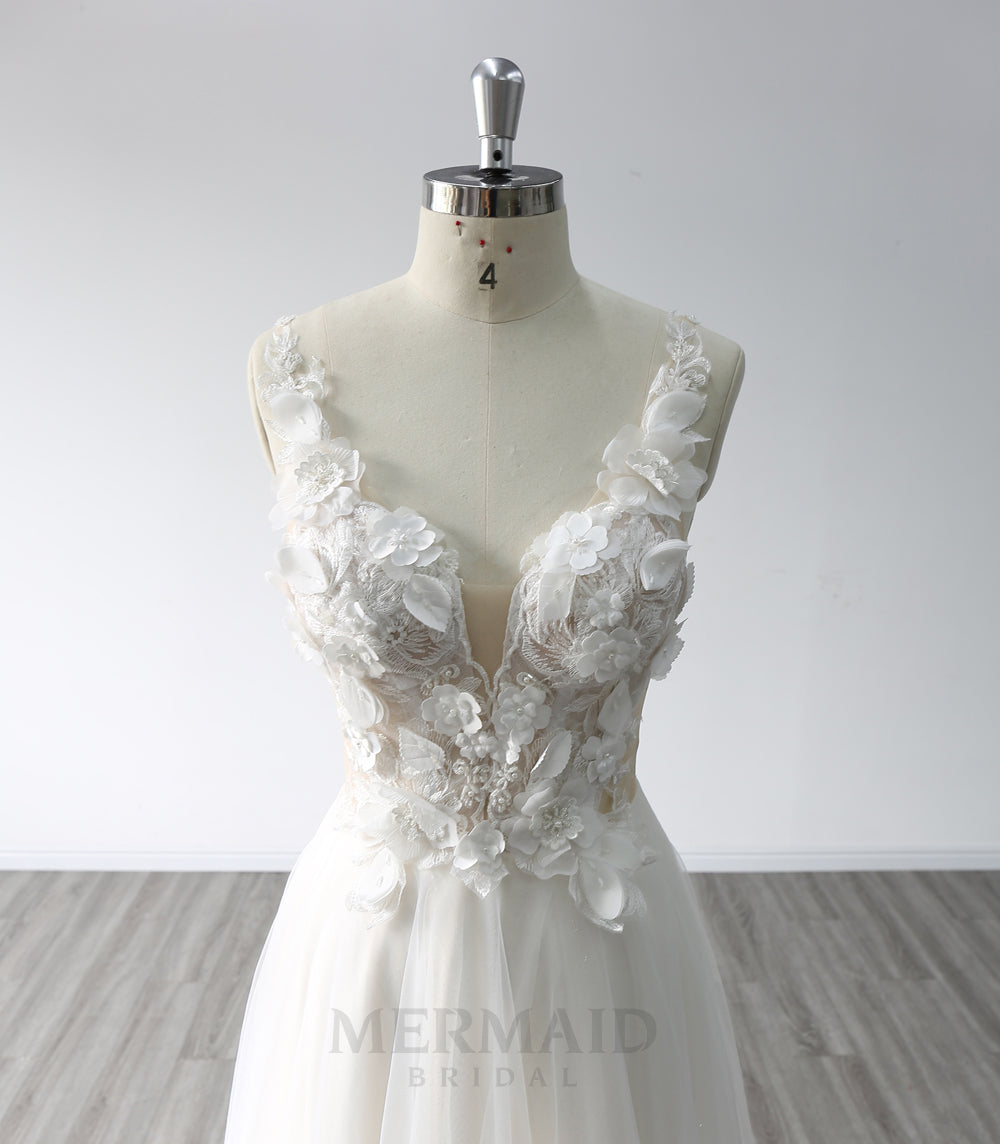 A Line V Neck Floor Length 3D Lace Boho Wedding Dresses 2023