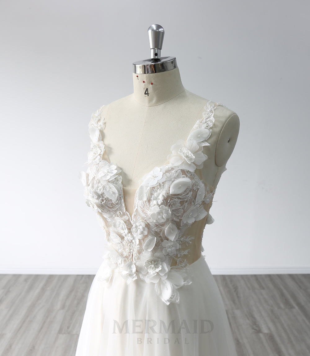 A Line V Neck Floor Length 3D Lace Boho Wedding Dresses 2023