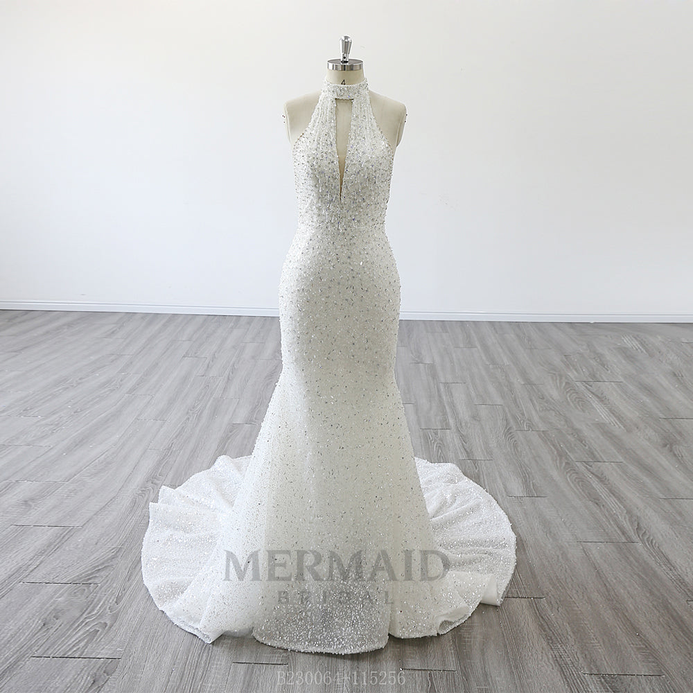 Backless Sleeveless Bridal Gown Halter Neck Court Train Heavy Beading Mermaid Wedding Dress Ivory / 10