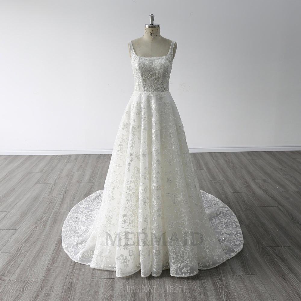 A Line Square Collar Neck Floor Length Beading Bridal Gown Princess Wedding Dress