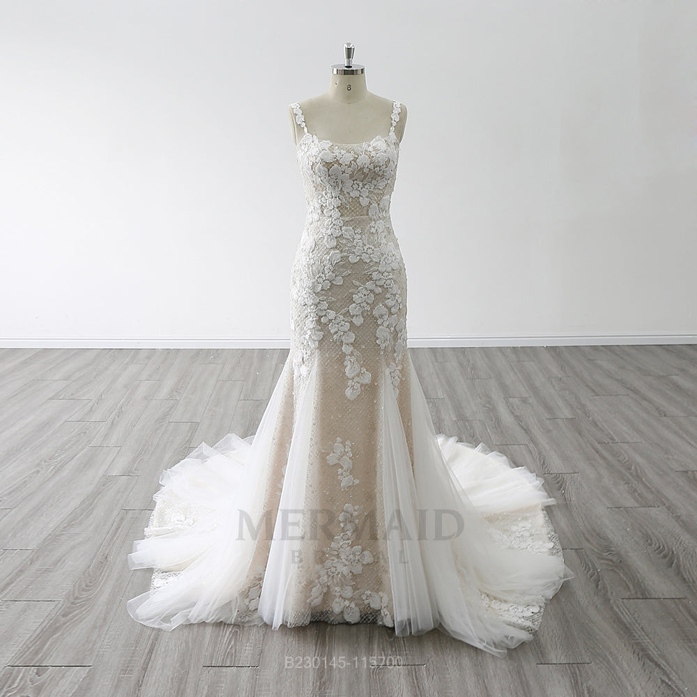 New Spaghetti Straps Boat Neck Court Train Beaded  Mermaid Wedding Dress