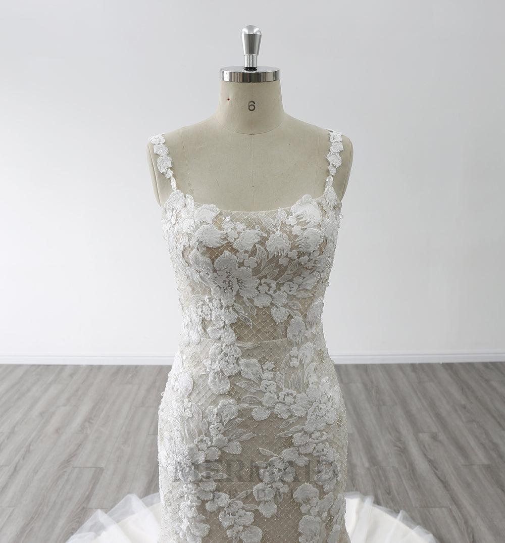 New Spaghetti Straps Boat Neck Court Train Beaded  Mermaid Wedding Dress