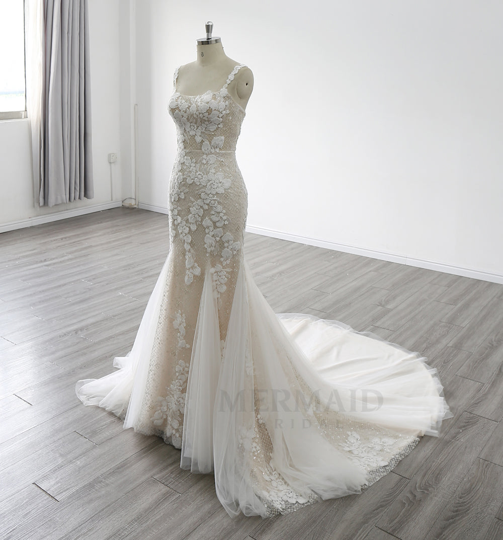 New Spaghetti Straps Boat Neck Court Train Beaded  Mermaid Wedding Dress