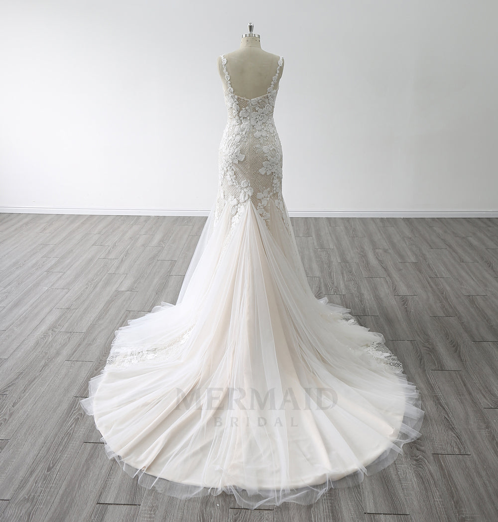 New Spaghetti Straps Boat Neck Court Train Beaded  Mermaid Wedding Dress