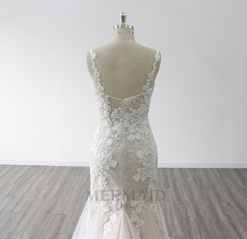 New Spaghetti Straps Boat Neck Court Train Beaded  Mermaid Wedding Dress