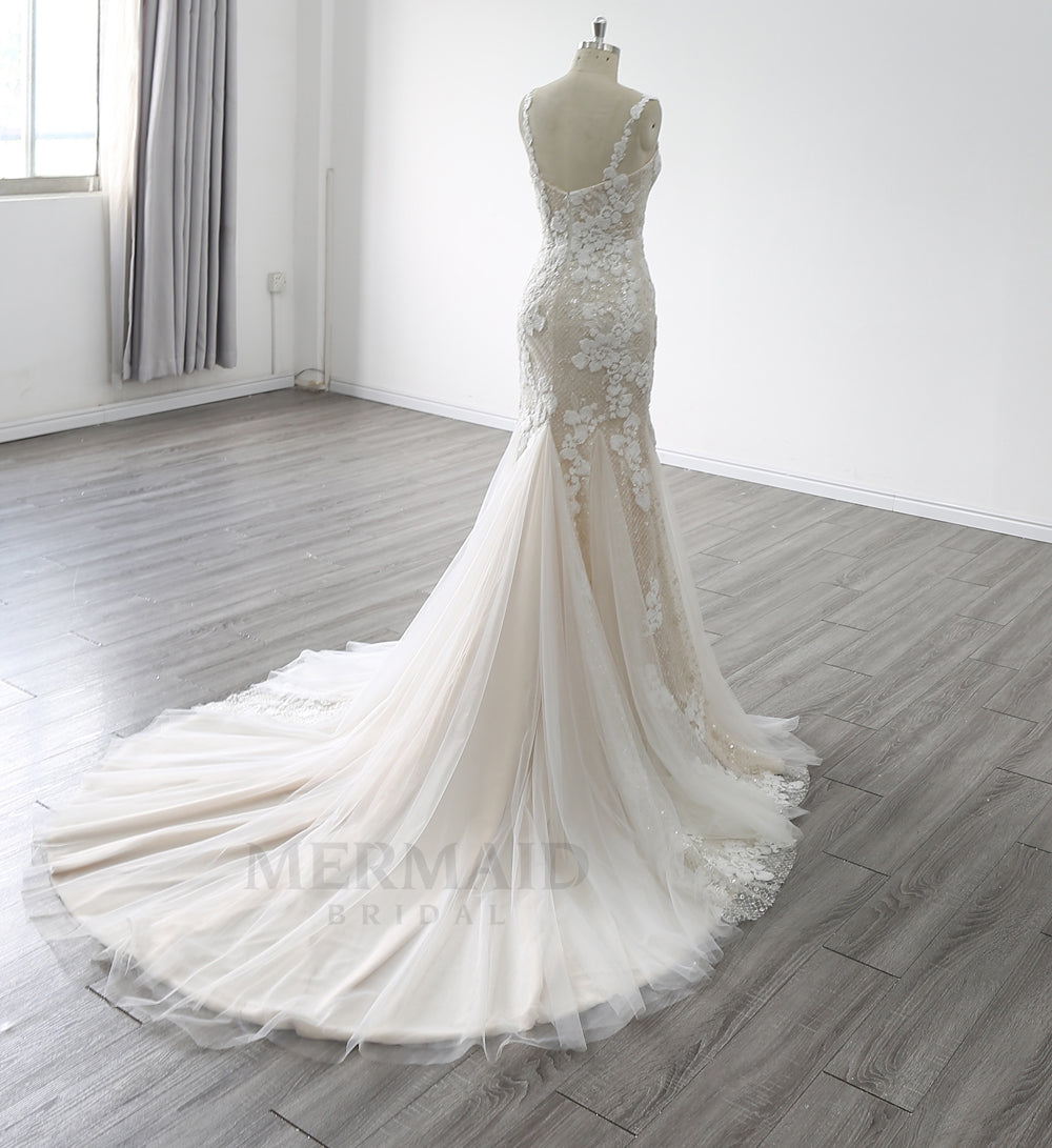 New Spaghetti Straps Boat Neck Court Train Beaded  Mermaid Wedding Dress