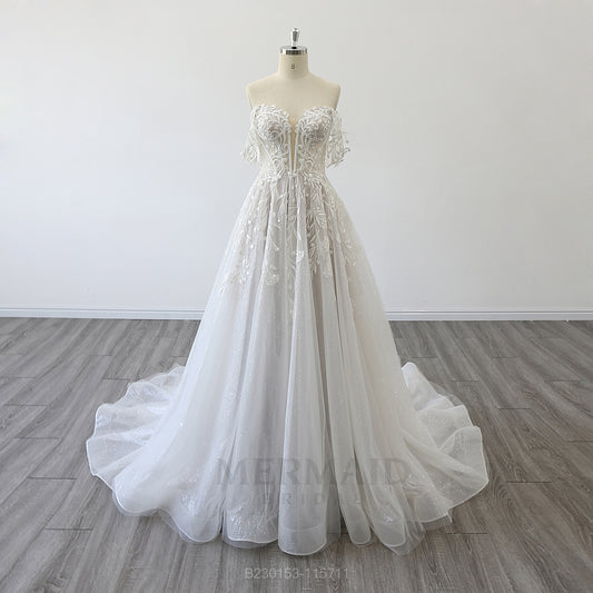 New Off Shoulder V Neck Court Train Bridal Gown Lace A Line Wedding Dress