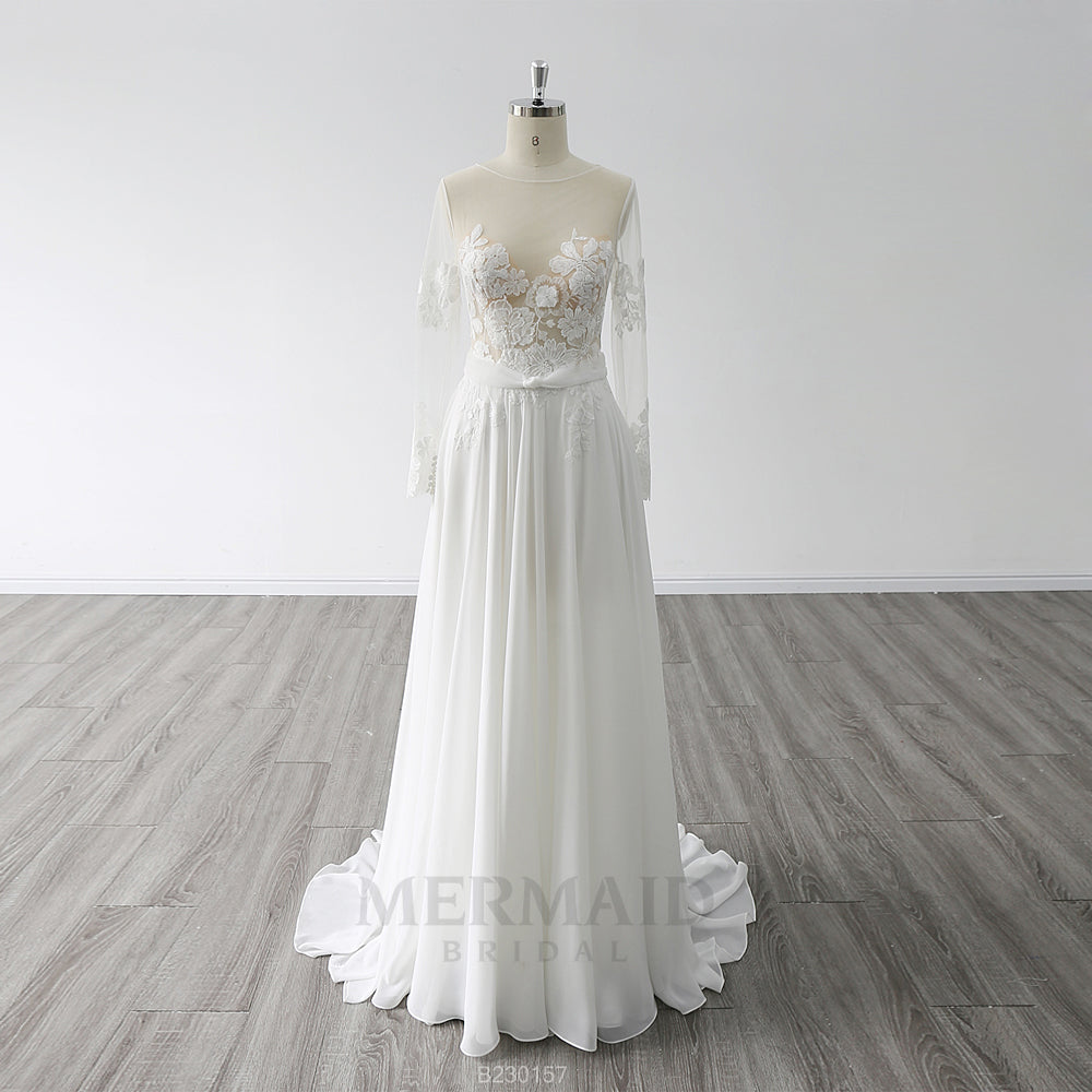 Long Sleeves Scoop Neck Sweep Train Chiffon Beach Outdoor Bohemian Boho Wedding Dress