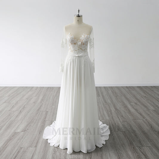 Long Sleeves Scoop Neck Sweep Train Chiffon Beach Outdoor Bohemian Boho Wedding Dress