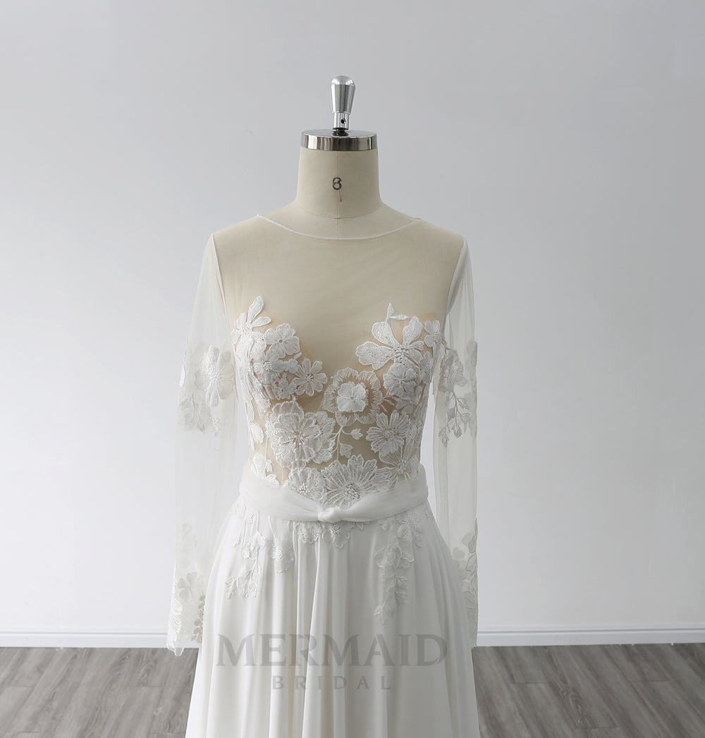 Long Sleeves Scoop Neck Sweep Train Chiffon Beach Outdoor Bohemian Boho Wedding Dress