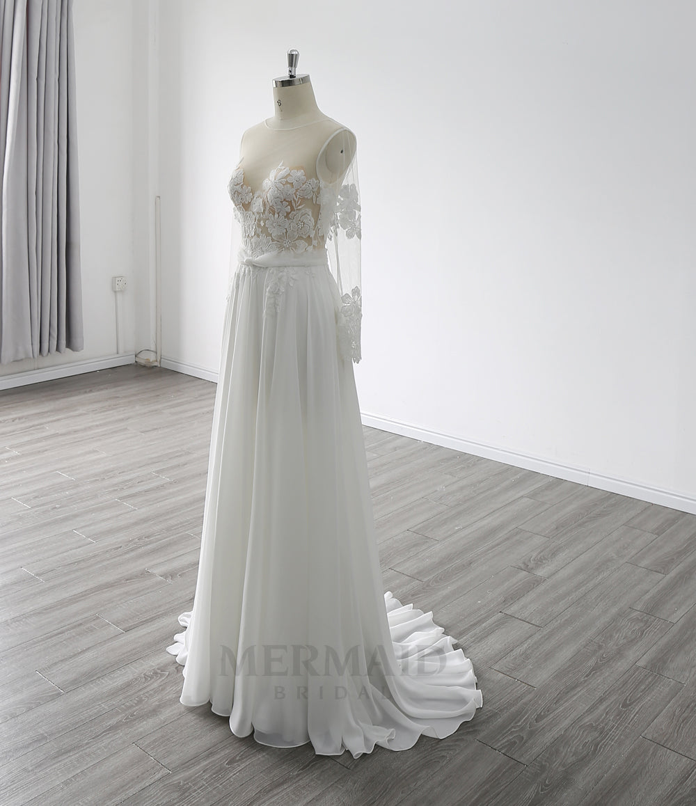 Long Sleeves Scoop Neck Sweep Train Chiffon Beach Outdoor Bohemian Boho Wedding Dress