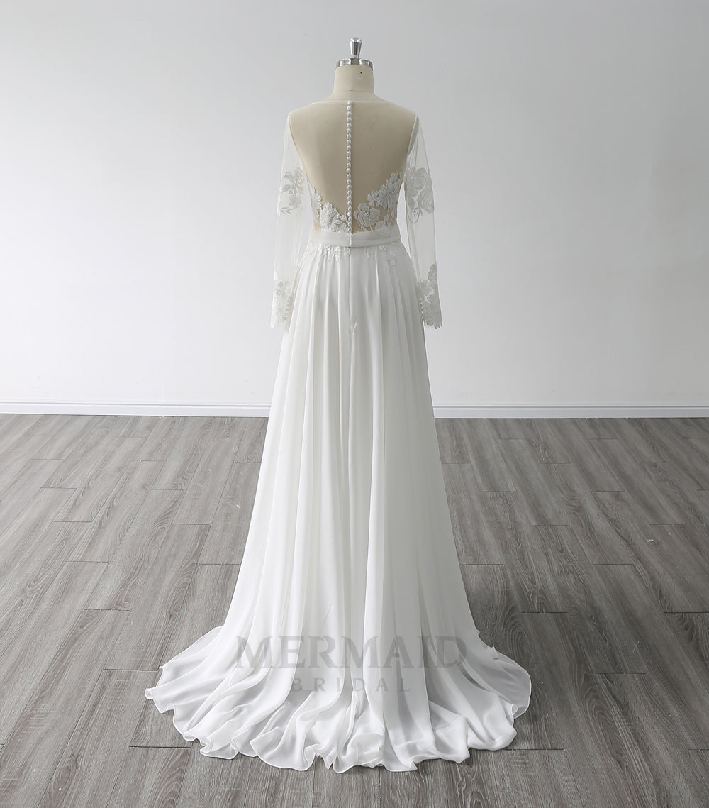 Long Sleeves Scoop Neck Sweep Train Chiffon Beach Outdoor Bohemian Boho Wedding Dress