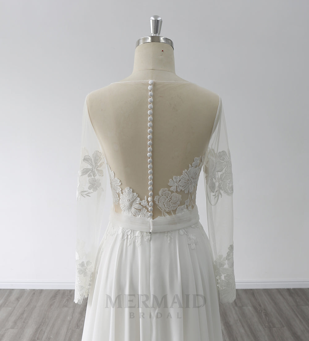 Long Sleeves Scoop Neck Sweep Train Chiffon Beach Outdoor Bohemian Boho Wedding Dress