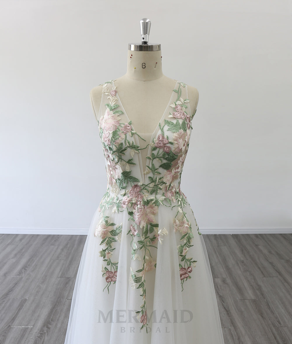 A Line V Neck Floor Length  Colored Lace Boho Wedding Dresses