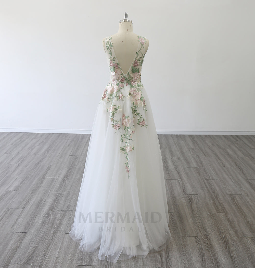 A Line V Neck Floor Length  Colored Lace Boho Wedding Dresses