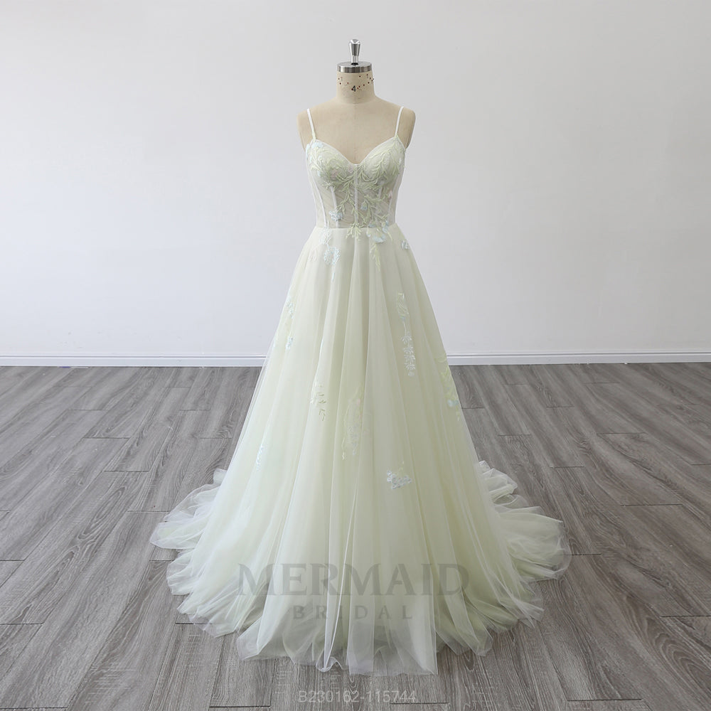 Spaghetti Straps Sweetheart Neck Court Train Boho Bridal Gown Beach Outdoor Bohemian Wedding Dress