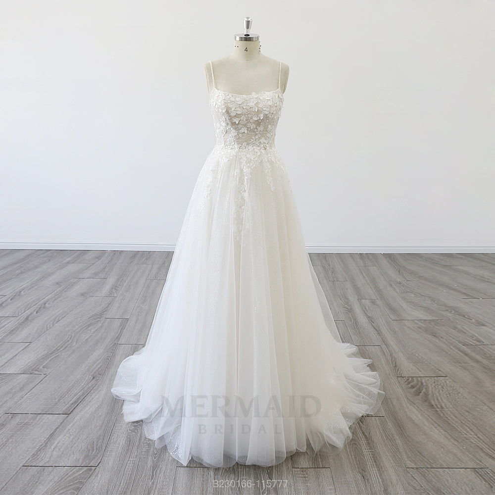 Spaghetti Straps Boat Neck 3D Flowers  Beach Outdoor Boho Wedding Dress 2024