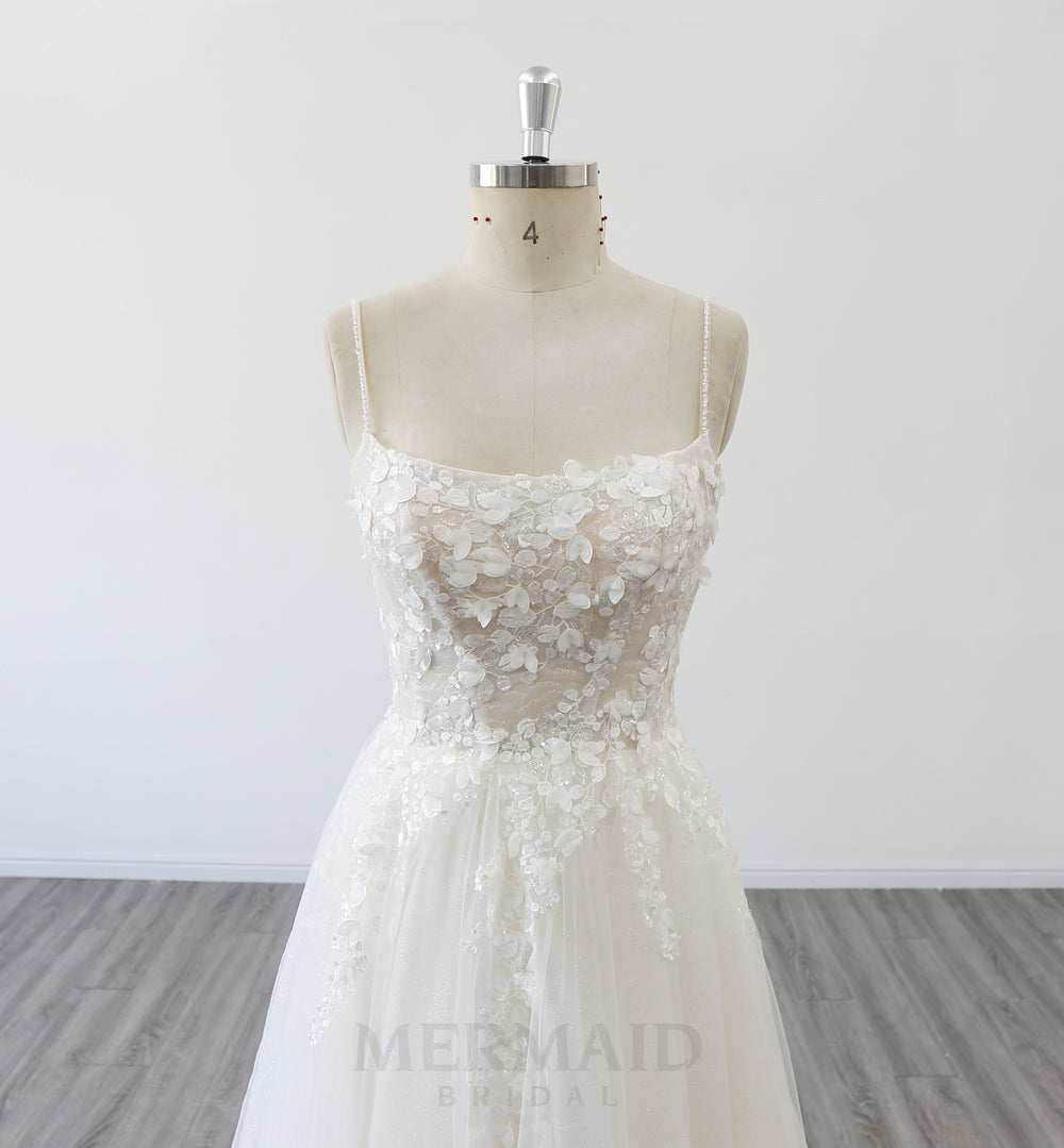 Spaghetti Straps Boat Neck 3D Flowers  Beach Outdoor Boho Wedding Dress 2024