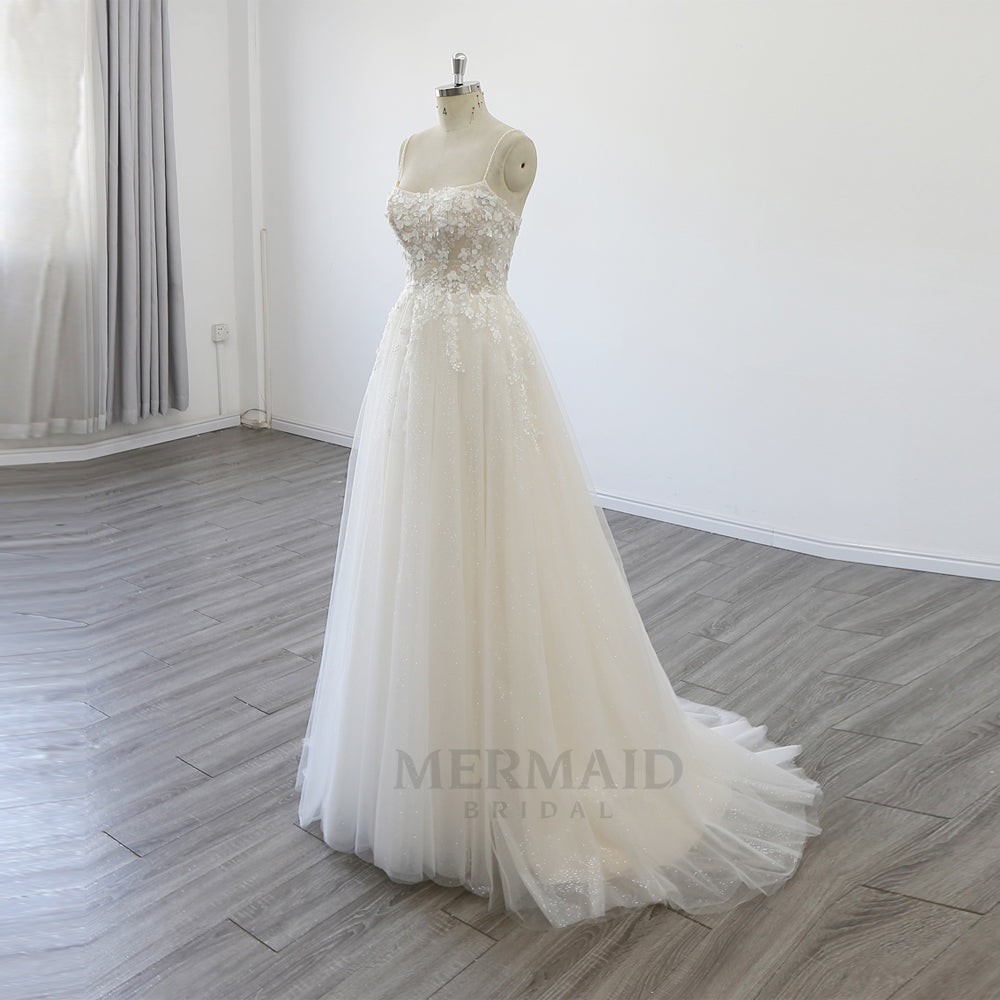 Spaghetti Straps Boat Neck 3D Flowers  Beach Outdoor Boho Wedding Dress 2024