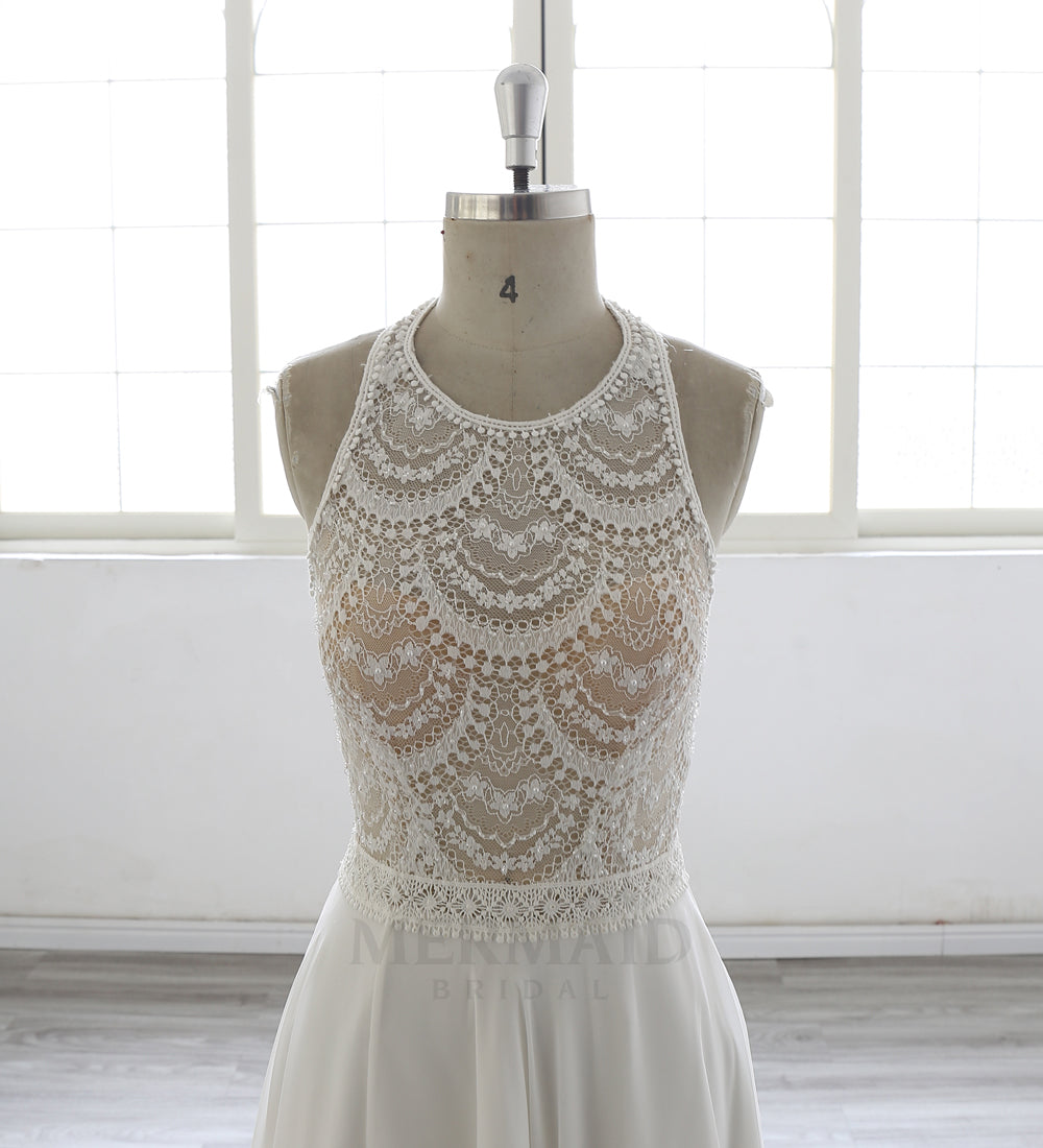 New Halter Neck Court Train Chiffon  Bohemian Beach Outdoor Slit Boho Wedding Dress
