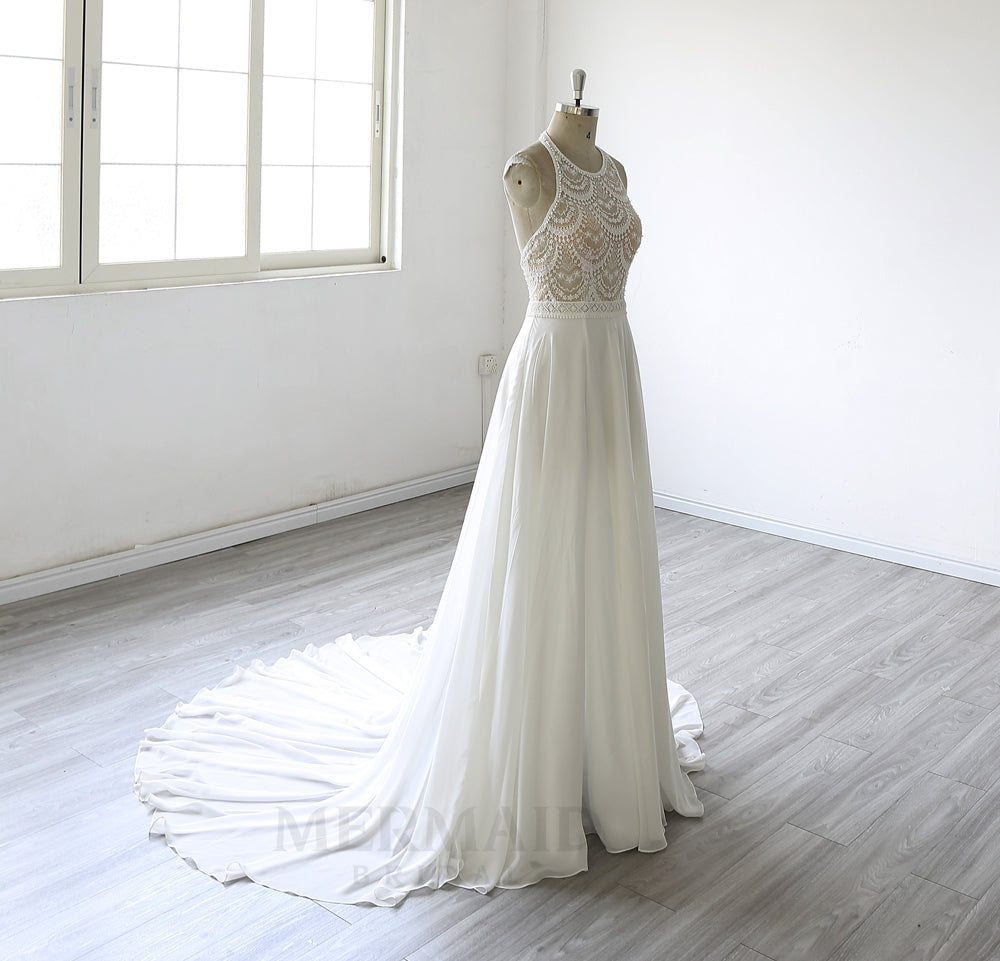 New Halter Neck Court Train Chiffon  Bohemian Beach Outdoor Slit Boho Wedding Dress