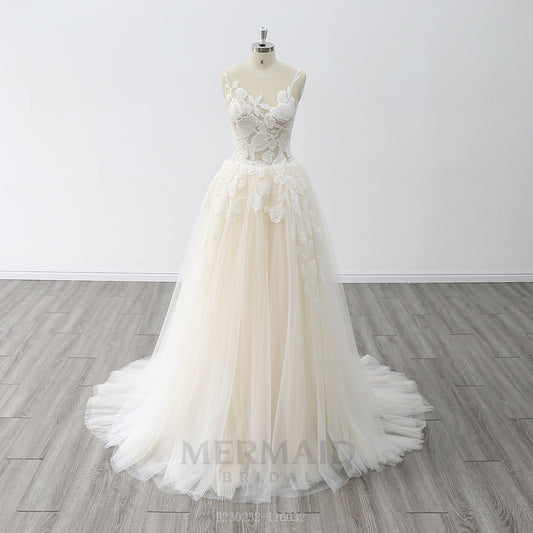 Illusion Scoop Neck Sweep Train Pleated Tulle A Line Wedding Dress