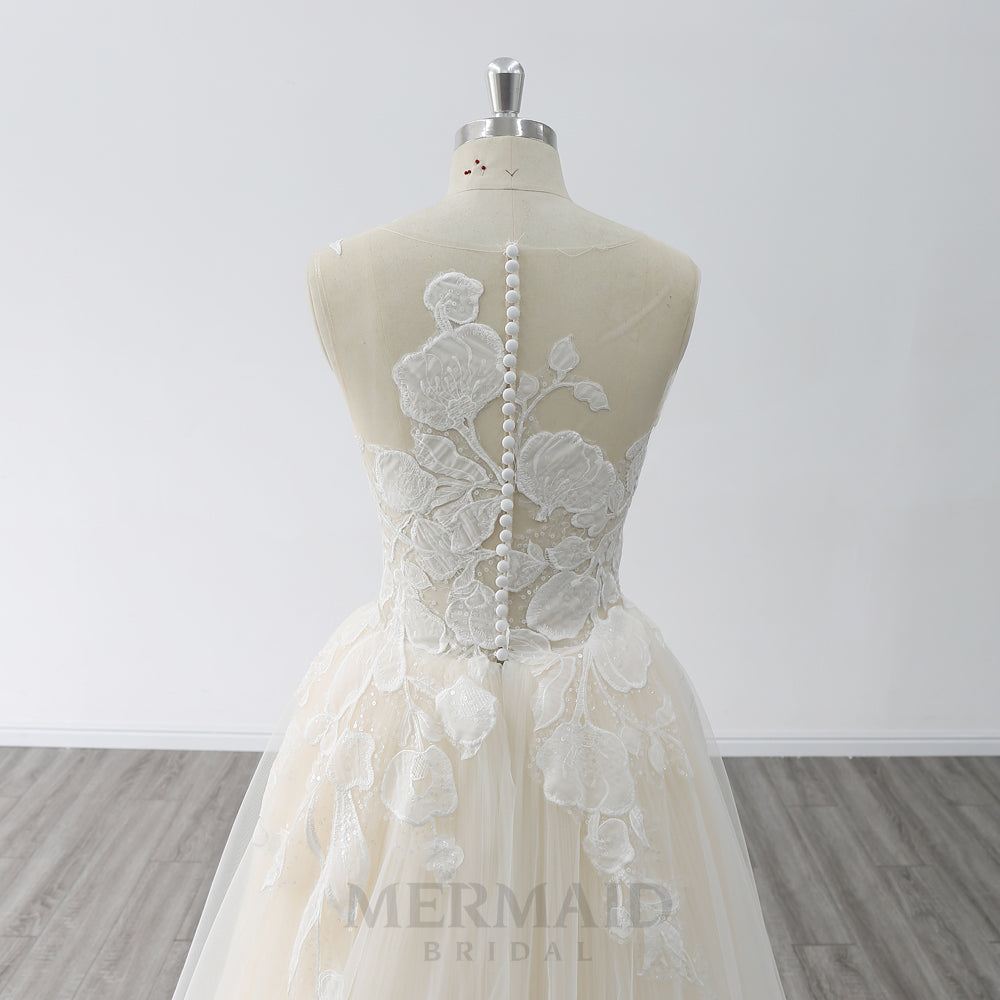 Illusion Scoop Neck Sweep Train Pleated Tulle A Line Wedding Dress