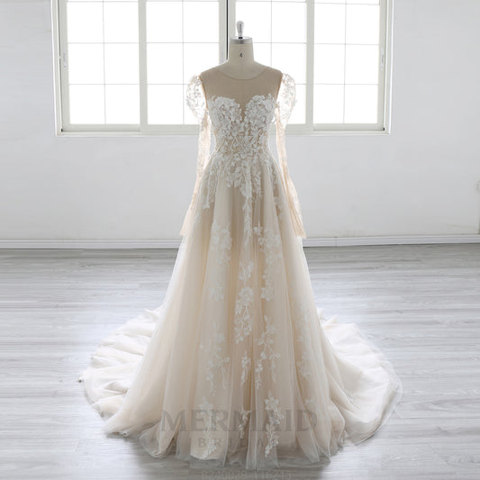 Long Sleeves Scoop Neck Court Train Lace  Wedding Dress 2025