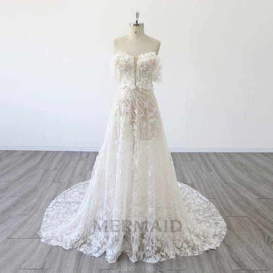 New Off Shoulder V Neck Court Train A Line Heavy Beaded Lace Wedding Dress