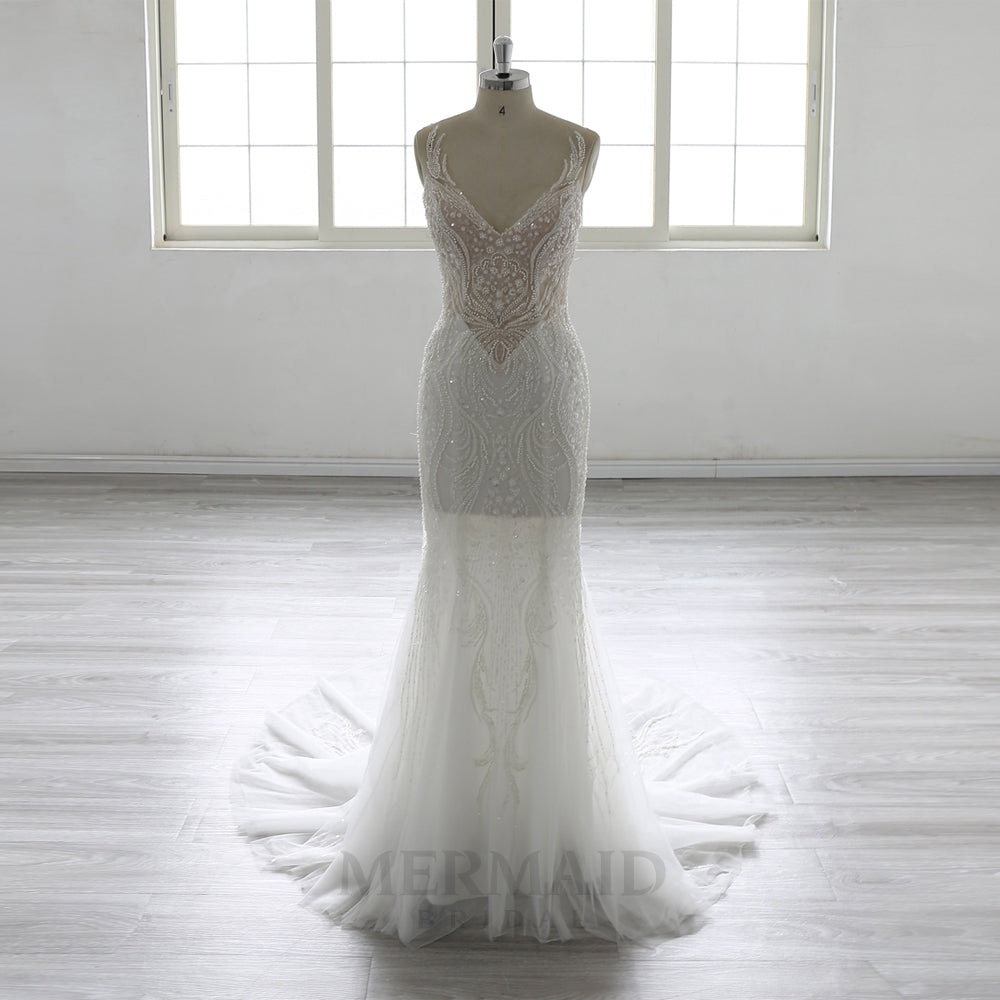 Detachable Sleeves V Neck Court Trian Heavy Beaded Mermaid Wedding Dress